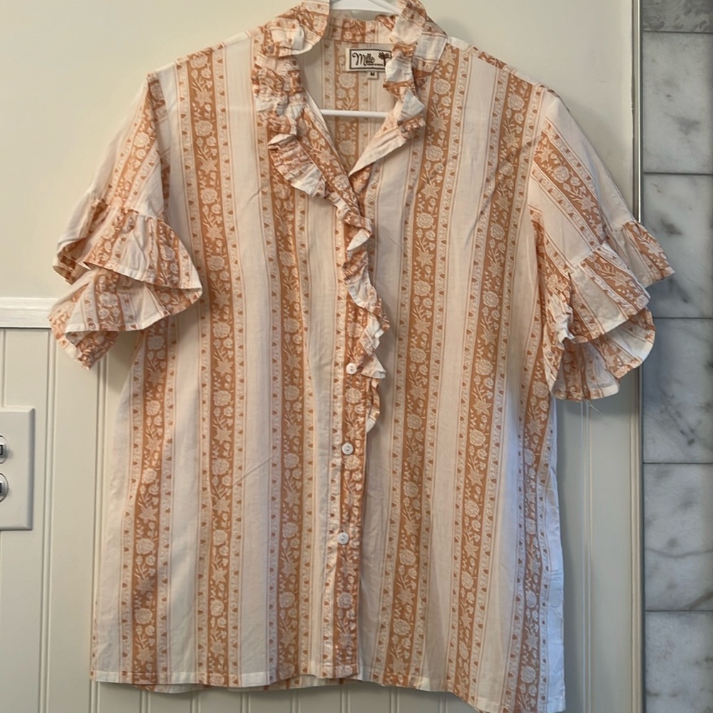 Ruffle-Trim Striped Button-Down Shirt in Cream & Tan